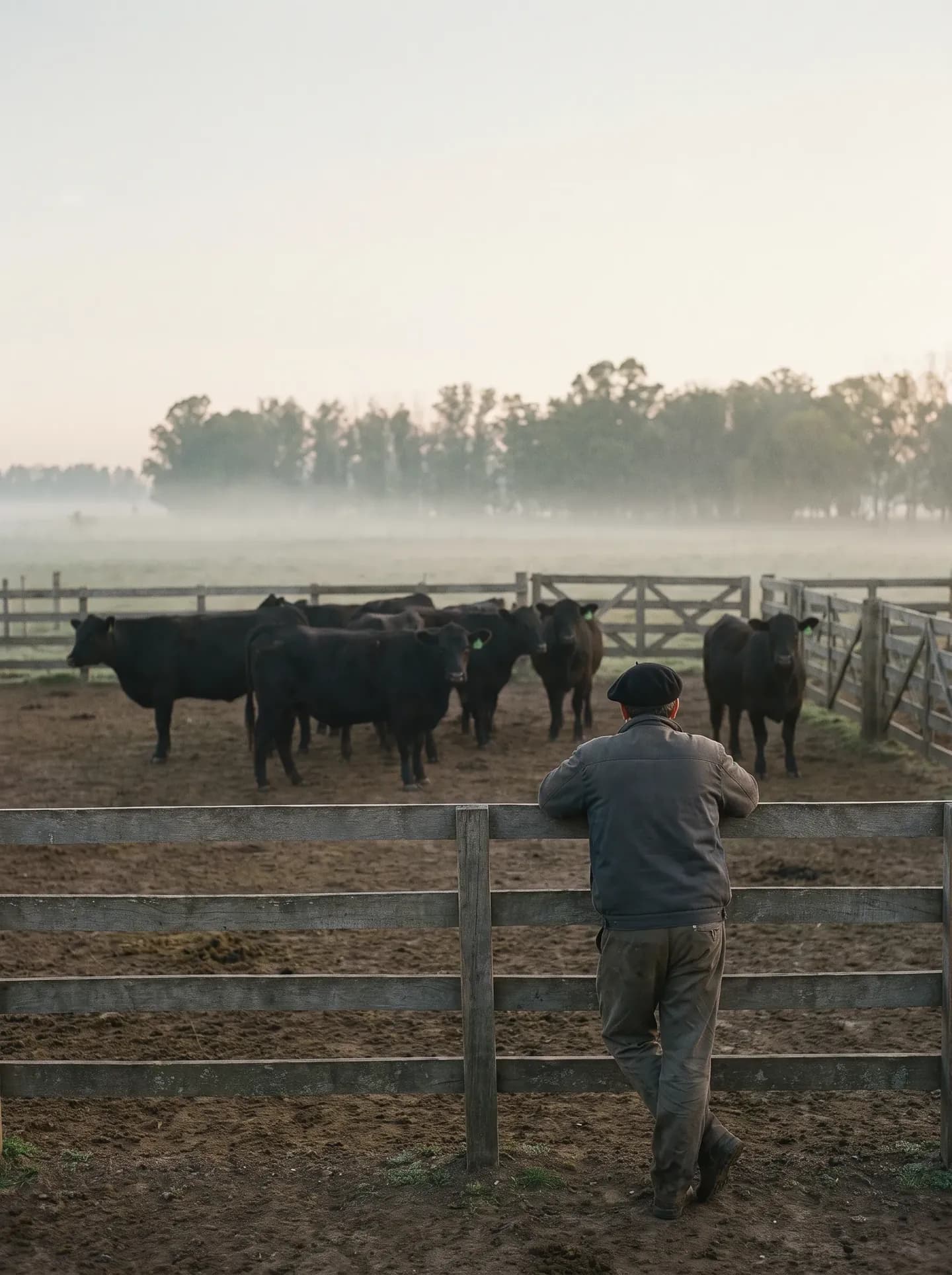 Un paisano de boina, de espaldas, apoyado en el corral mientras amanece sobre la hacienda.